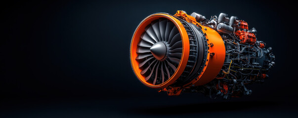 Close-up of a jet engine featuring orange accents, set against a black background, emphasizing its intricate design and power.