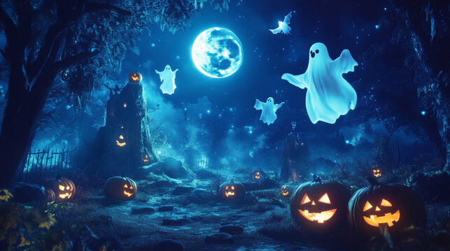 Floating Halloween ghosts above moonlit pumpkin patch in forest
