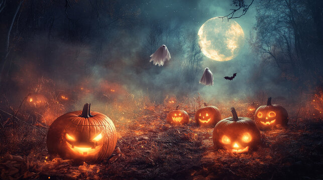 Spooky Halloween forest with moonlit pumpkin patch and ghosts
 - Powered by Adobe