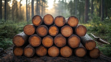 Morning sunlight filters through trees onto a neat stack of thick logs in a forest clearing, highlighting the natural beauty of the woodpile and showcasing sustainable forestry practices