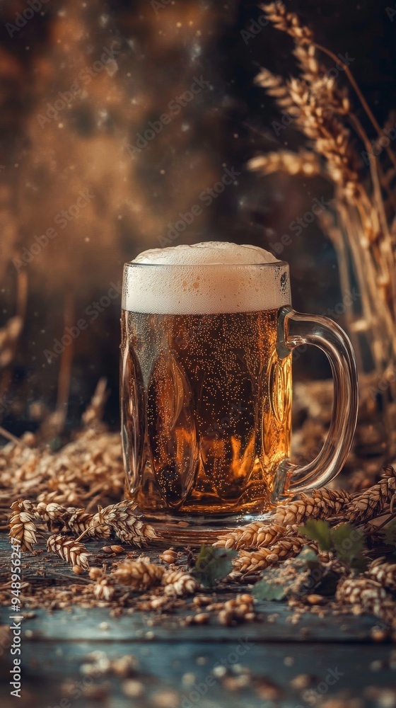 Poster glass of beer on a wooden table with wheat and hops, creating a rustic setting. the golden ale spark