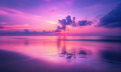 Soft purple and pink sunset, distant horizon blending with the colorful sky