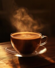 Fototapeta premium Steaming coffee in a glass cup, rich brown hues