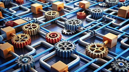 A labyrinthine network of connected gears, pipes, and building blocks illustrates the complexities of organizational governance, highlighting structures, systems, and interdependent relationships.
