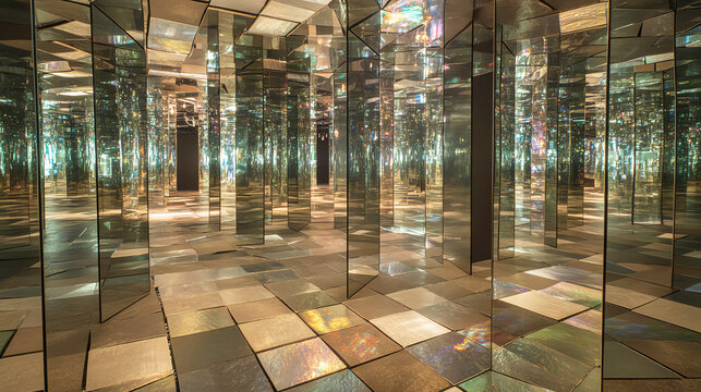 A maze made of mirrors reflecting infinite possibilities, representing speculation about the rules of perception in the realm of imagination, Mirror maze, Perceptual speculation