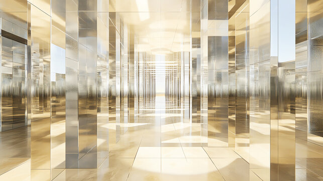 A maze made of mirrors reflecting infinite possibilities, representing speculation about the rules of perception in the realm of imagination, Mirror maze, Perceptual speculation
