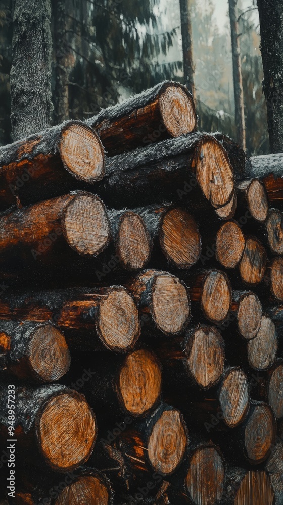 Poster freshly cut tree logs are piled and creating a beautiful natural background with a distinct wood tex