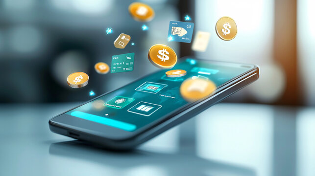 A 3D mobile wallet with floating transaction icons, representing the convenience and functionality of digital payment systems 