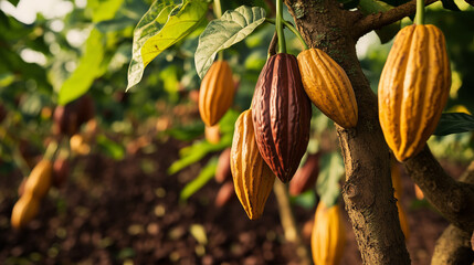 Chocolate cacao farm, cocoa plantation in asia, with farmers harvesting cacao pods from the tree