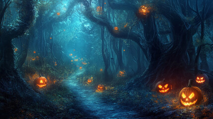 Halloween night with glowing pumpkins lighting up enchanted forest
