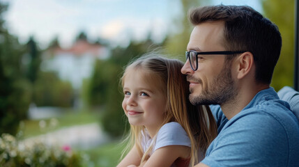 Fototapeta premium A loving father with glasses and his young daughter share a peaceful moment together, smiling while looking outside.