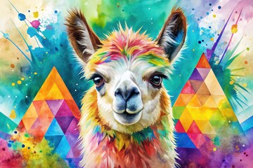 Obraz premium alpaca watercolor design digital art flat lay illustration bold bright colors graphic style geometric shapes hand drawn typography fun playful quirky modern artistic expression graphic novel style