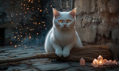 White cat with bright eyes sitting calmly on a broomstick