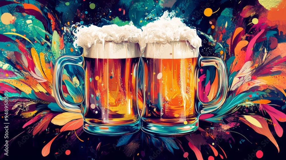 Poster vibrant image of clinking beer mugs overflowing with foam in a festive setting. perfect for a fun pa