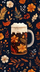 Delicious dark beer with a foamy head is surrounded by beautiful fall flowers and leaves on a dark blue background. This illustration is perfect for beer lovers