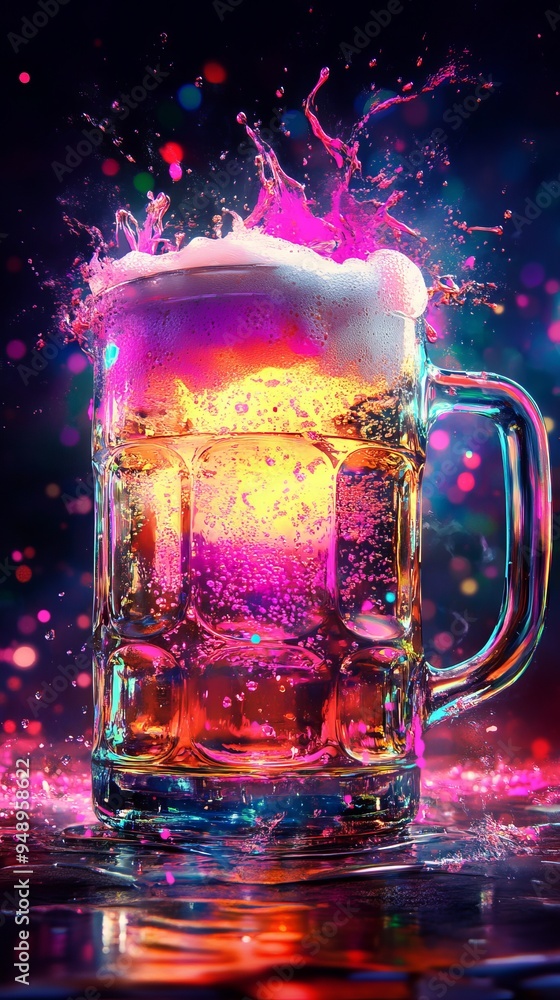 Poster beer glass overflows with colorful foam on a reflective surface, creating a vibrant and dynamic atmo