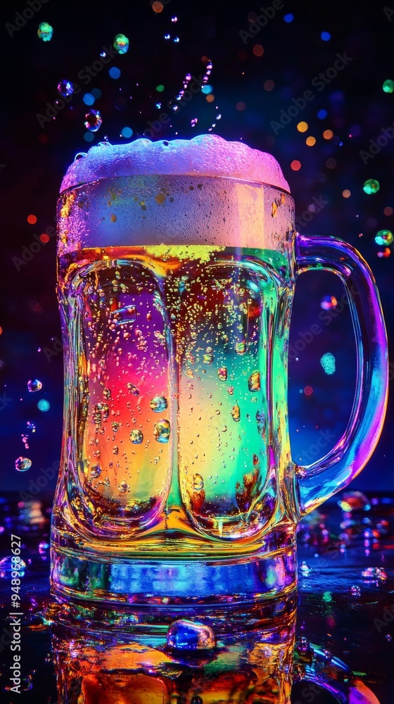 Aufkleber glass of beer overflowing with bubbles and foam, illuminated by colorful lights, creating a festive 