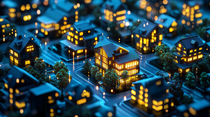 Obraz premium A 3D real estate investment model with glowing property icons, representing the opportunities and strategies in modern property investment 