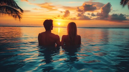 couple on the beach at sunset, honeymoon travel, man and woman sitting near swimming pool in hotel resort