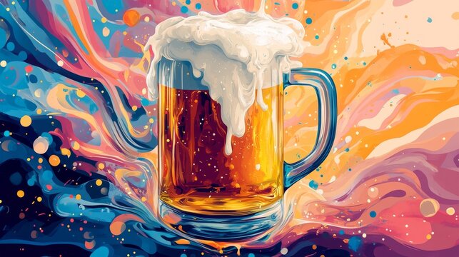 Vibrant, colorful illustration featuring a glass of beer with overflowing foam set against an abstract, swirling background. The image captures the refreshing and enjoyable nature of beer