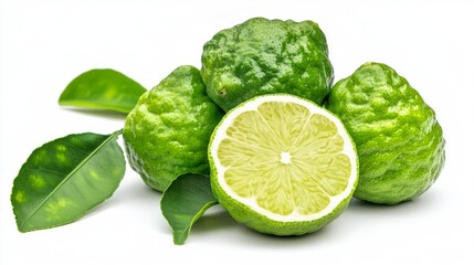 "Bergamot Beauty: Isolated Citrus Fruit and Foliage on White Canvas"