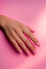 Fototapeta premium A woman's hand rests gracefully on a pink surface, showcasing beautifully manicured nails. The soft tones of the background complement the elegant nails, creating a delicate and stylish aesthetic.