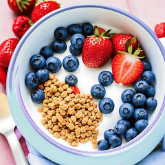 bowl of yoghurt with blueberries and strawberries