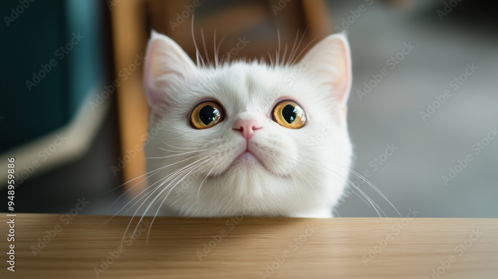 Canvas Prints A white cat looking up at the camera with a surprised expression, AI