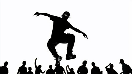 Obraz premium A striking black silhouette captures a street dancer mid-performance, frozen in a dynamic pose. Generative AI