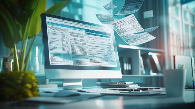 A 3D tax preparation software with floating forms and numbers, symbolizing the efficiency and accuracy of modern tax filing and financial compliance 
