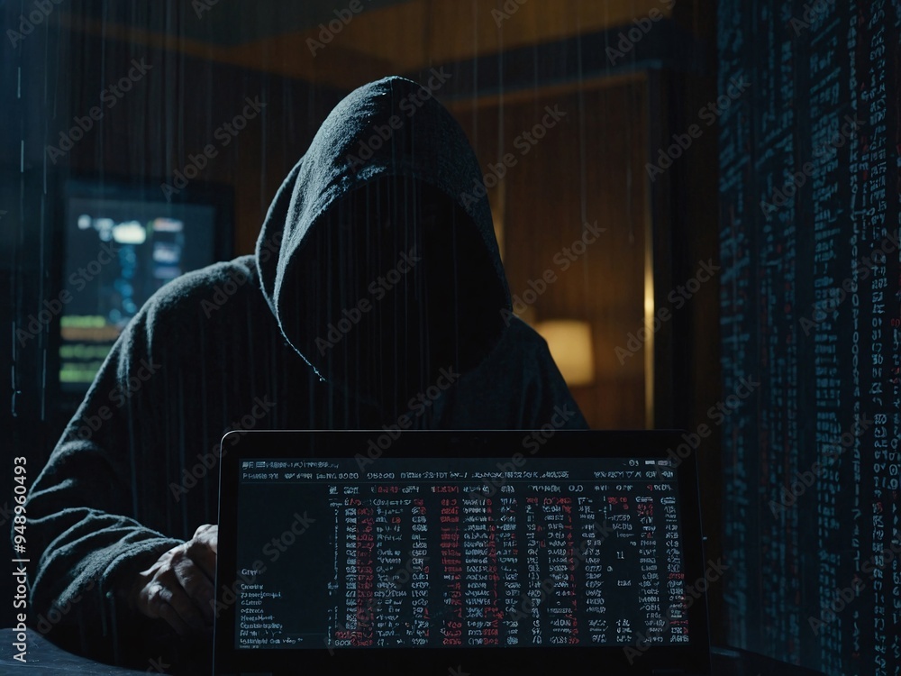 Poster a tense scene in a dim room with a laptop’s screen showing cascading code and two hooded figures