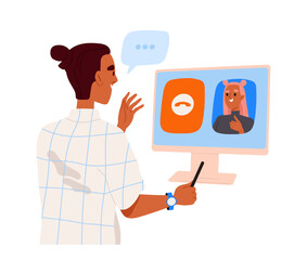 People at business meeting. Man discusses project with colleague at online video conference. Remote communication and interaction. Flat vector illustration isolated on white background