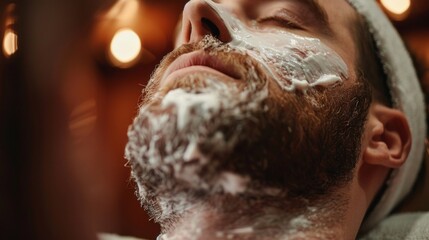 Man enjoying a relaxing shaving experience at a barber shop during an afternoon grooming session