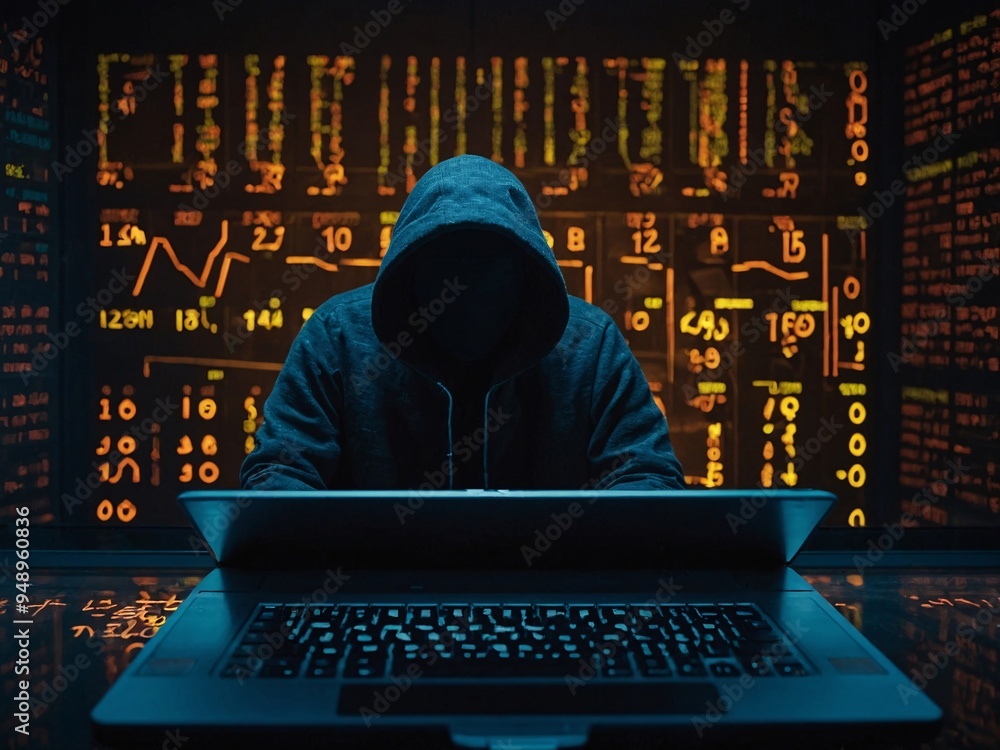 Poster a tense scene in a dim room with a laptop’s screen showing cascading code and two hooded figures