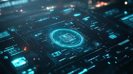 Futuristic interface design for a scifi video game with holographic elements and glowing icons