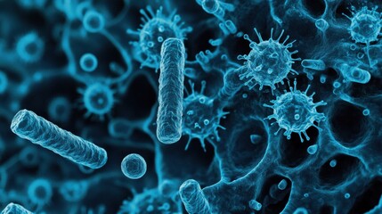 A close up of a group of bacteria and viruses, AI