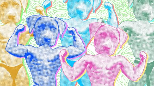 Seamless young animation of cartoon style dog head bodybuilder with duotono colors and halftone effect. Animation fashion design. Stop motion contemporary photo montage art collage with zebra