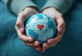 A pair of hands gently holding a globe with a heart symbol in the center, all illustrated in soft blue and white tones. 5th September International Day of Charity. 