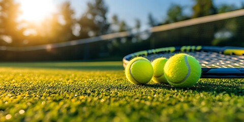 Tennis ball with a tennis racket on the grass. Horizontal photo, tennis concept.