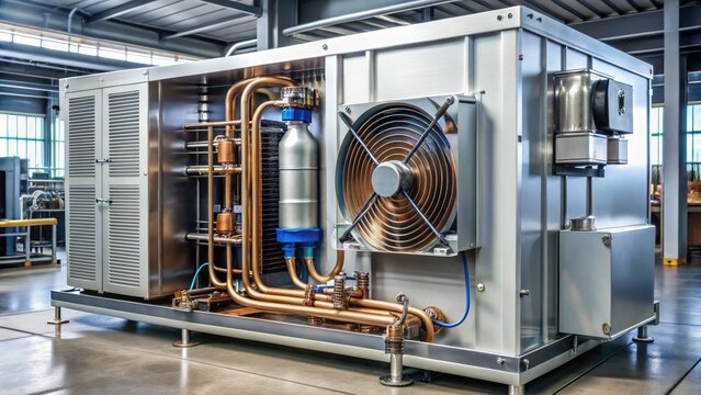 A modern refrigerator's rear exterior showcases the compact and complex compressor unit, surrounded by coils and wires, with a hint of industrial machinery.