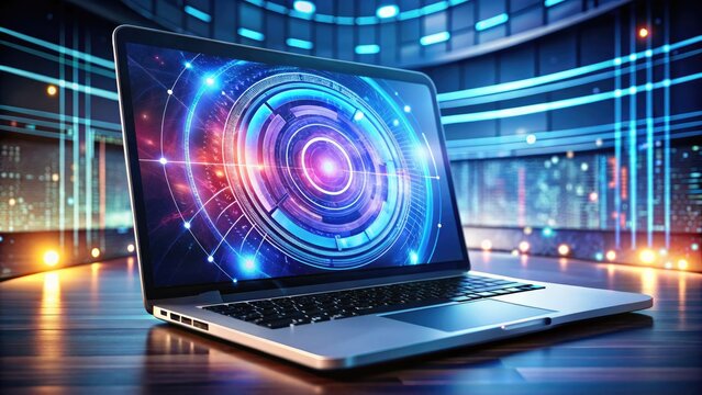 A modern, sleek laptop screen displays a vibrant, circular company logo on a futuristic website background, surrounded by coding lines and digital interface elements.
