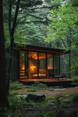Forest Sanctuary - A modern, cozy cabin nestled in a lush green forest, offering a peaceful retreat with warm lighting and serene surroundings.