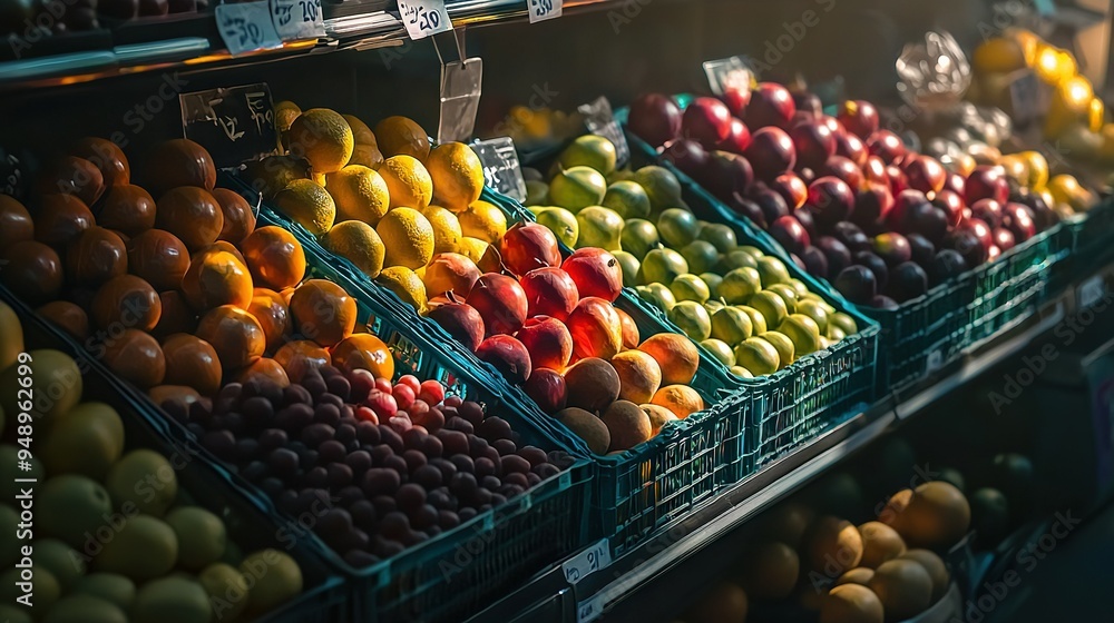 Poster a grocery store displays an array of fruit and vegetable options in bins