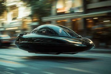 A sleek flying vehicle races through a bustling cityscape as Dracula pursues a corporate target under the twilight sky