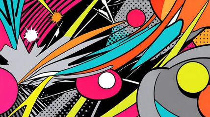 Colorful abstract design with geometric shapes, lines, and dots. Suitable for backgrounds, wallpapers, prints, and digital designs, Popart, Halftone, Retro, Comic, Vintage, Vibrant, Bold, Minimalist, 
