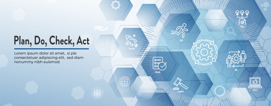 Plan Do Check Act Business Strategy - Procedure for Continuous Improvement Icon Set and Web Header Banner