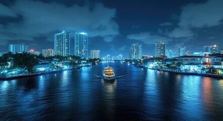 Fort Lauderdale At Night. Vibrant Florida Skyline with City Landscape and Boats on New River