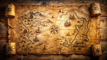 Ancient parchment featuring cryptic symbols, intricate illustrations, and worn folds, revealing a mysterious treasure map with an X marking a hidden secret location.