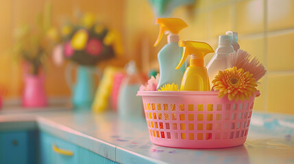 Plastic basket full of cleaning supplies and equipment on kitchen countertop