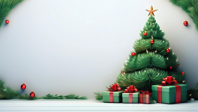 Cart&atilde;o de Natal, carta de natal. Pequena arvore de natal no canto  da tela, decorada com caixas de presentes em baixo dela. Render 3d, fundo claro com espa&ccedil;o para escrita.  